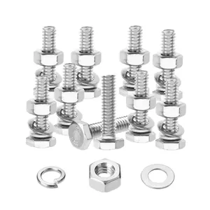 Stainless Steel Nuts and Bolts Set, 1/4"-20x1, 10 Sets, Hex Head 1/4 Bolts and Nuts Set, Flat & Lock Washers