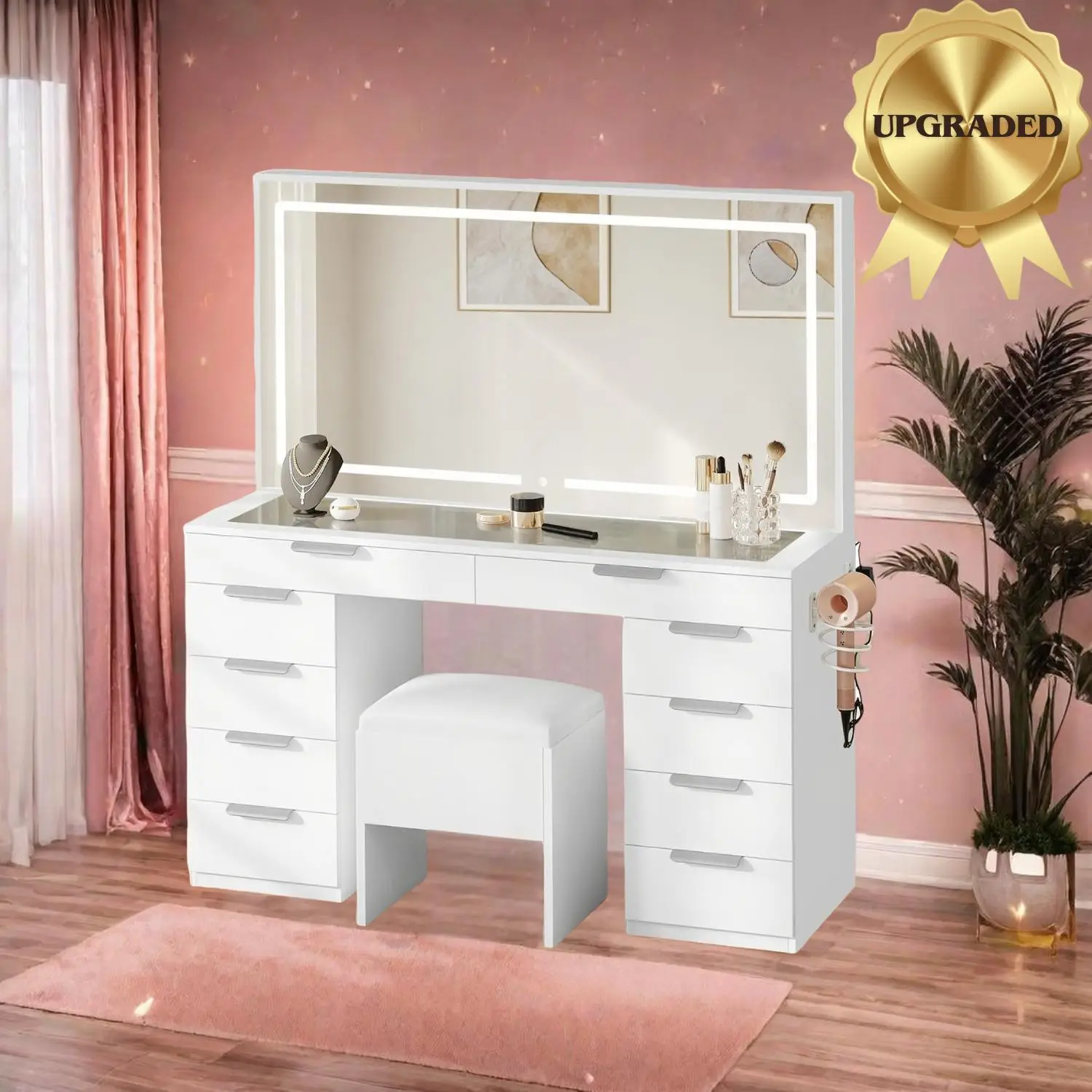 Yitahome LED Vanity Desk Set with Large Mirror and Power Outlet, 46" Makeup Vanity with 10 Drawers, and Magnifying Glass, with Storage Bench, 3 Lighti