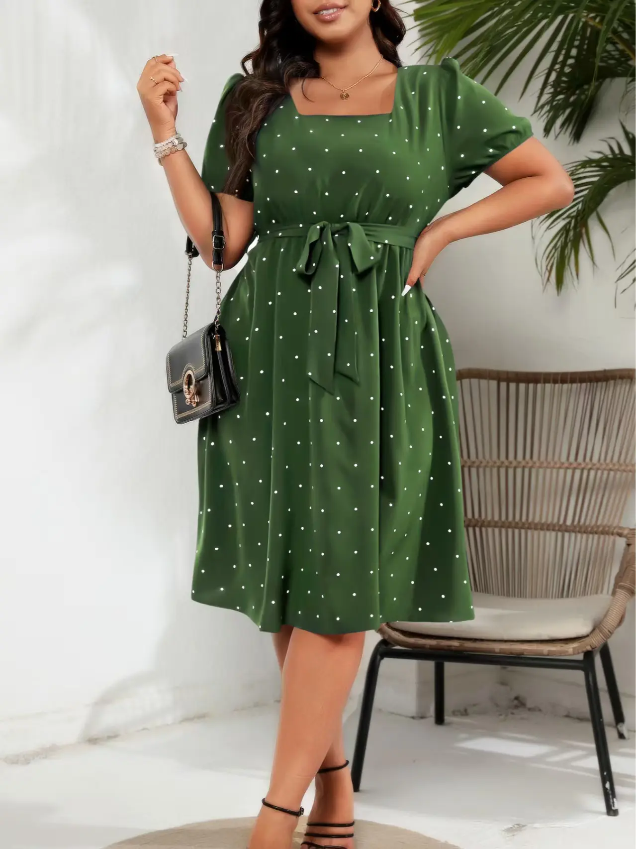 Women's Comfortable Elegant Green Polka Dot Square Neck Short-Sleeve Dress with Adjustable Tie Waist, Casual Womenswear