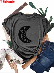 【Plus Size】 Moon & Star Print Round Neck Tee, Casual Short Sleeve Crew Neck T-shirt for Summer, Women's Plus Clothing for Daily Wear