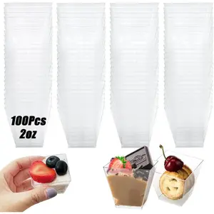 100 Pack 2oz/60ml Plastic Square Dessert Cups,Mini Clear Appetizer Cups,Small Disposable Square Cup Serving Bowl for  Cakes,Ice Cream