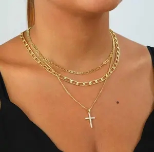 Women's Layered Gold Necklace Mini Initial Necklace 14K Gold Plated Stackable Necklace Cross Design Safety Pin Necklace Chain