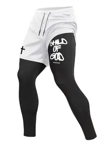 Men's Cross Letter Printed Sporty 2 in 1 Compression Pants, Spring & Fall Gym Workout Fitness Tights Leggings with Phone Pocket, Zipper Pocket, Towel Loop, Athletic Running Quick Dry Baselayer Activewear