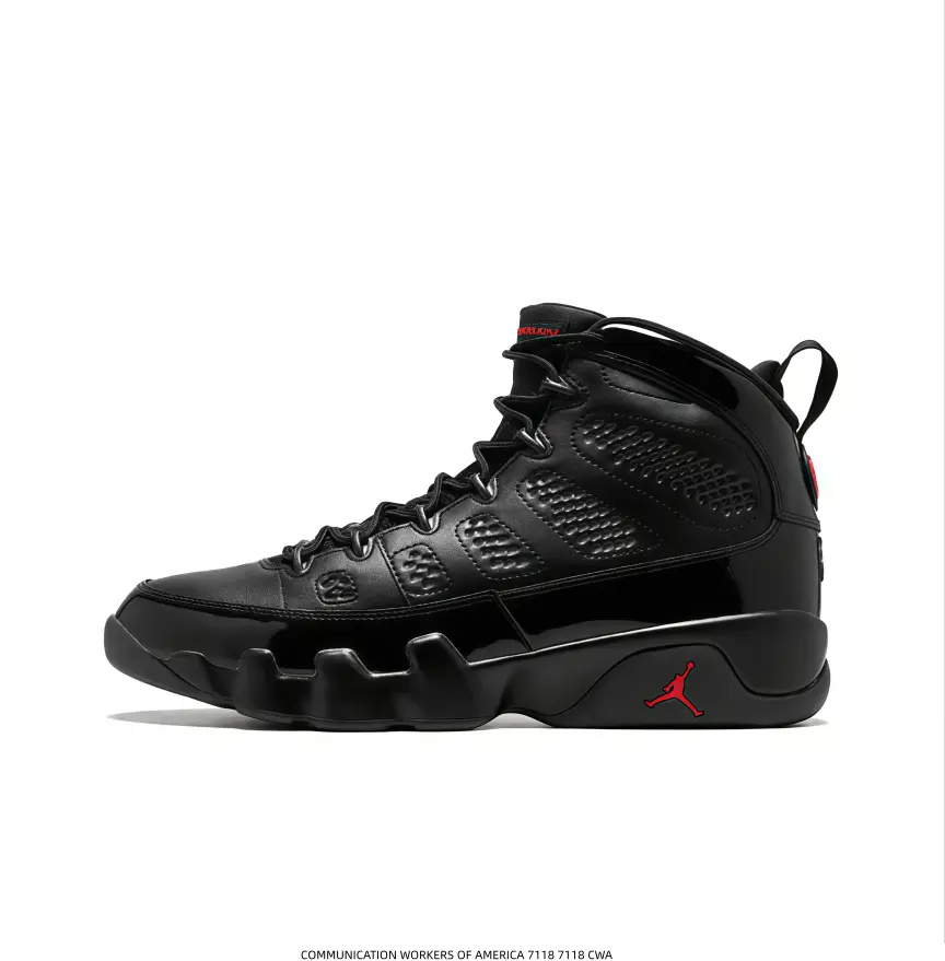Black‑Red Accent High‑Top Basketball Shoes, glossy leather upper, subtle red detailing. Sleek retro sneakers, supportive build for casual sports and everyday street‑style wear.
