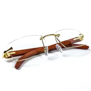 Vintage Rimless Wood Gold Frame Retro Hip Hop Mens Clear Lens Glasses
