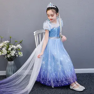 2-10Y Blue with Cape Crown Magic Wand 1756 Snow Print Cartoon Cosplay Costume Fancy Carnival Tulle Sequin Kids Clothes Princess Girls Ball Gown Children Cocktail Dress