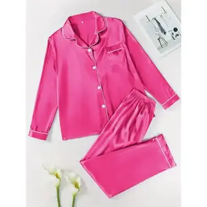 Two piece set of women's solid color contrasting bound satin sleepwear, long sleeved lapel button up front shirt and elastic pants sleepwear set, casual and comfortable women's sleepwear setRAIMENTRY