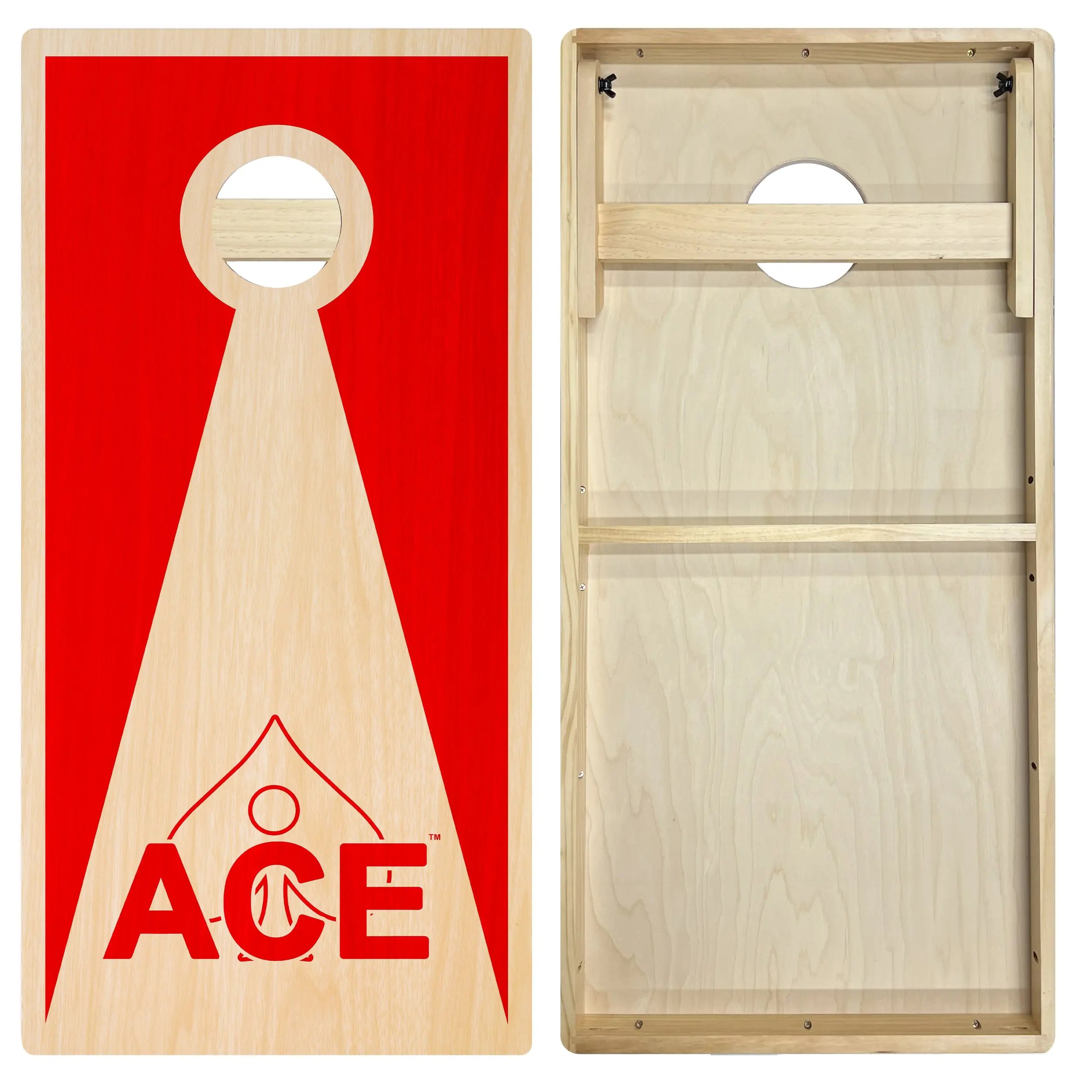 Red ACE Inverse Triangle Cornhole Board Set - 24x48 in Intermediate, with Center Support, Folding Legs, Polyurethane, for Backyards, Schools, Community Events, More Stable Playing Experience, Backyard Games