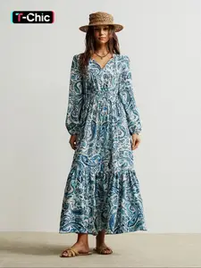 Women's Bohemian Style Long Dress, Casual V Neck Wrap Belted Waist Design Floral Boho, Perfect for Easter Beach Hawaiian Music Festival Tropical Vacation Outdoor Wear