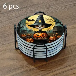 6-piece ceramic coaster set, featuring a Halloween night scene with a skeleton witch and jack-o'-lanterns. Heat-resistant, non-slip coasters with holders, perfect for home table decorations and beverage mats.