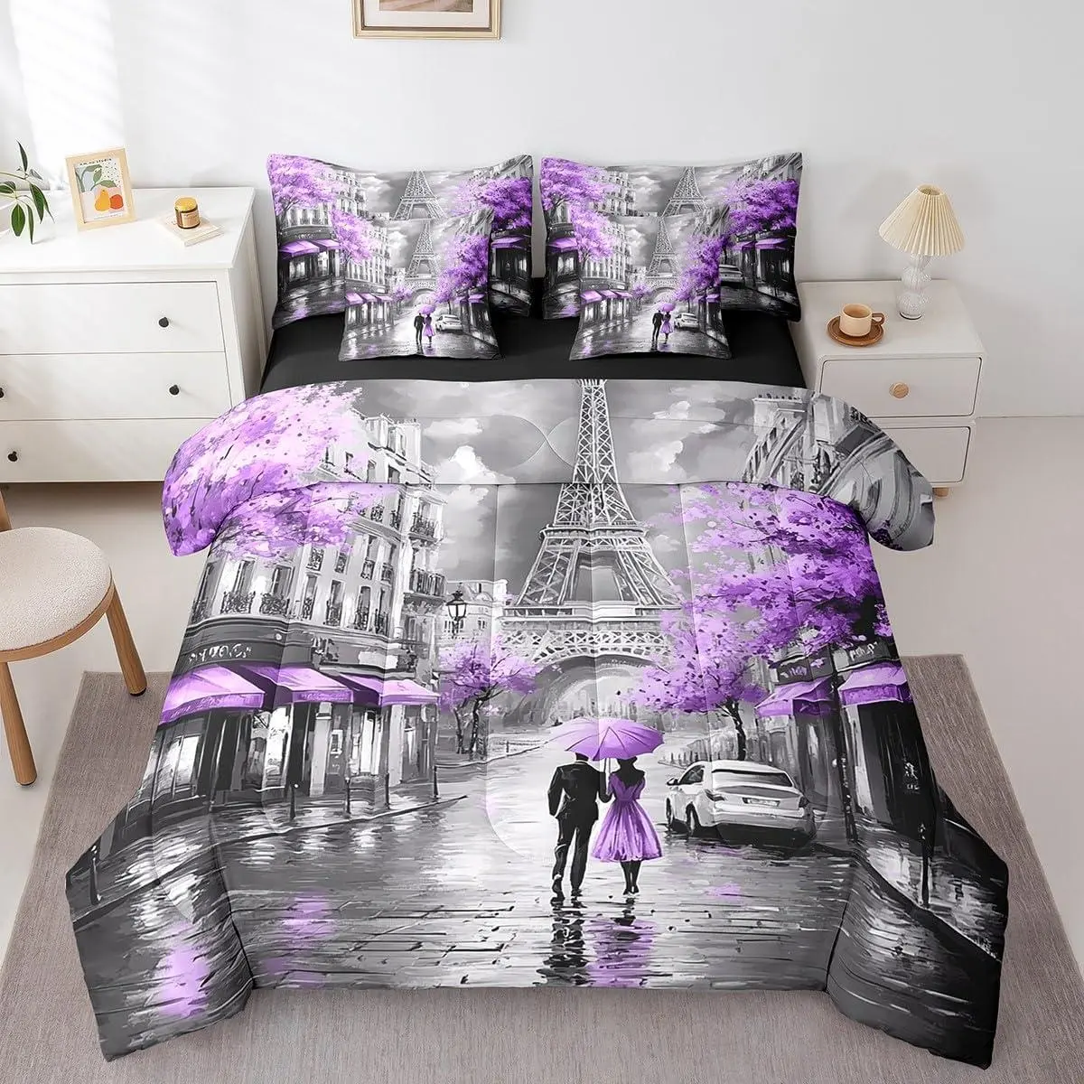 Eiffel Tower Comforter Set 7 Piece,French Paris Bed in a Bag with Sheet Set Women Lover,Romantic City Bed Sheets,Watercolor Oil Painting Paris Bedding Set,Purple Valentine