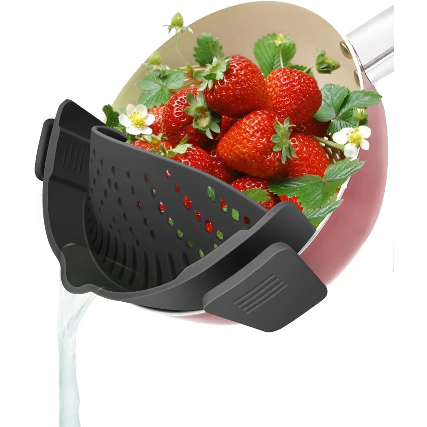 Silicone Clip-On Strainer for Pots, Pans & Bowls - Sturdy Steel Strainer Basket, Hands-Free for Spaghetti Pasta & Ground Beef, Universal Design, BPA-Free, Dishwasher-Safe Kitchen Utensil Gadget