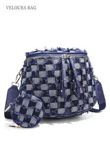 1pc Blue Checkered Denim Bucket Bag for Women, Large Capacity Shoulder & Crossbody Handbag with Coin Purse, Fringe Patchwork Design, Multi-Zipper Organizer Fits Phone, Wallet & Cosmetics, Perfect for Travel, Work, Daily Use & Stylish Gift