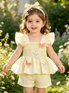 Baby Girl Summer Sweet Cream Set with Hairband, Butterfly Embroidery Ruffle Sleeve Top, Elastic Shorts, Holiday Photoshoot