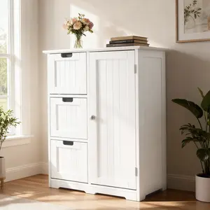 Wooden Floor Storage Cabinet – Side Storage Organizer with Drawers & Cupboard – Freestanding Entryway/Bathroom Storage Unit with Adjustable Shelves