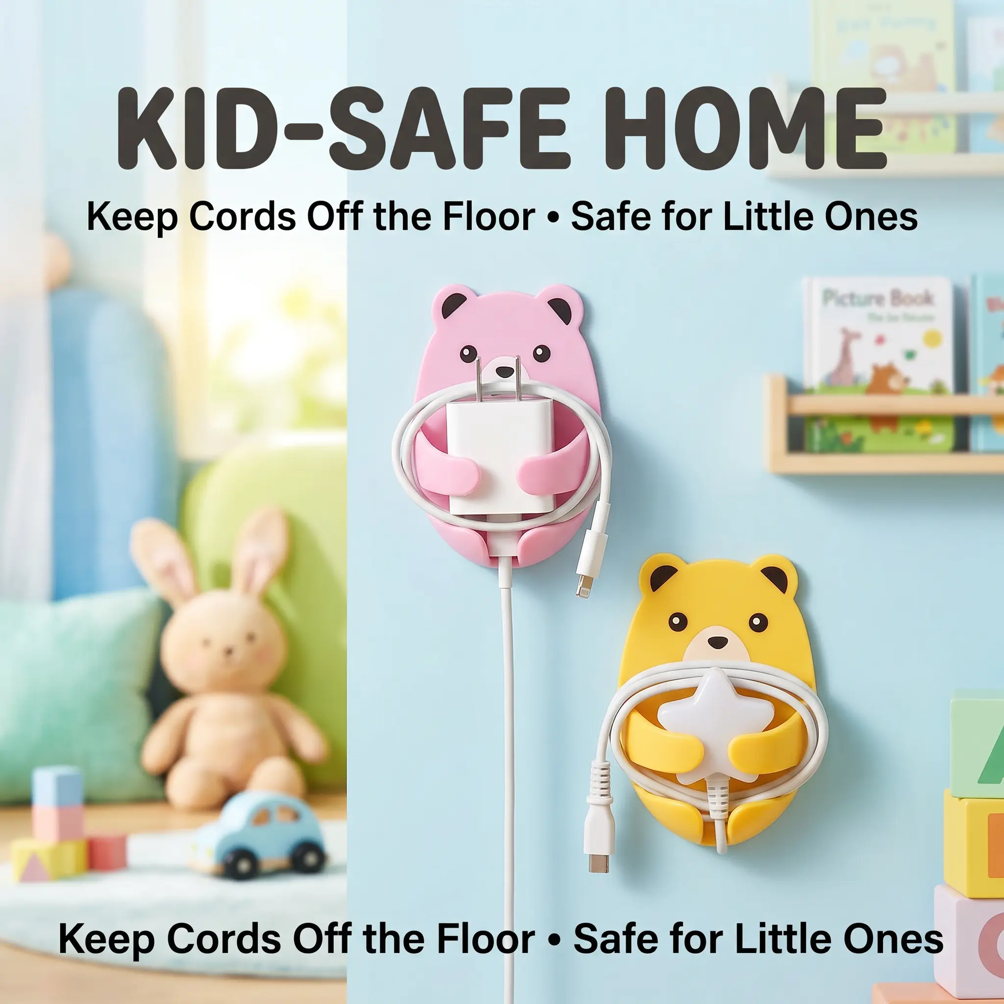Plastic Kawaii Bear Cable Organiser, Lightweight Wall-Mounted Home Organizer Hook to Prevent Charging Plugs Slipping Off Sockets, Decorative for Bedroom & Kitchen