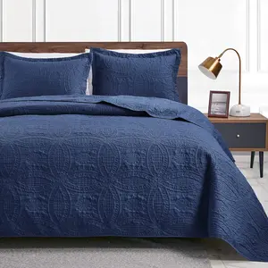 Quilts for Queen Navy Blue Bedspreads - Summer Lightweight Microfiber Bedspread- Style Coin Pattern Coverlet for - 3 (1 Quilt, 2 Pillow Shams)