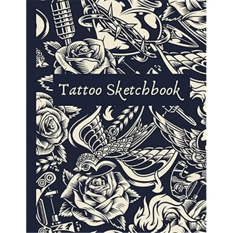 Tattoo Artist Sketchbook Pad - 120 Large 8.5x11 in Blank & 3-Dot Graph Pages, Monochrome Blackout Cover with Bird/Rose/Heart Motifs, Artistic POD Tool for Client Artwork Requests & Detailed Sketches