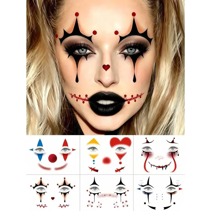 6 Sheets Gothic Clown Face Tattoo Waterproof Halloween Temporary ...