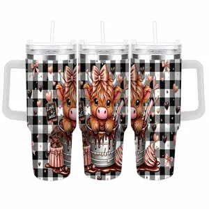 Highland Cow with Bow Coffee Tumbler (40oz/30oz/20oz) Cute Chocolate & Hearts Print Insulated Travel Mug SpillProof Lid Easy Grip Perfect for Valentine's Day Gifts Cow Lover's Present Office Desk Road Trips Anniversaries Sweet Treats Fan