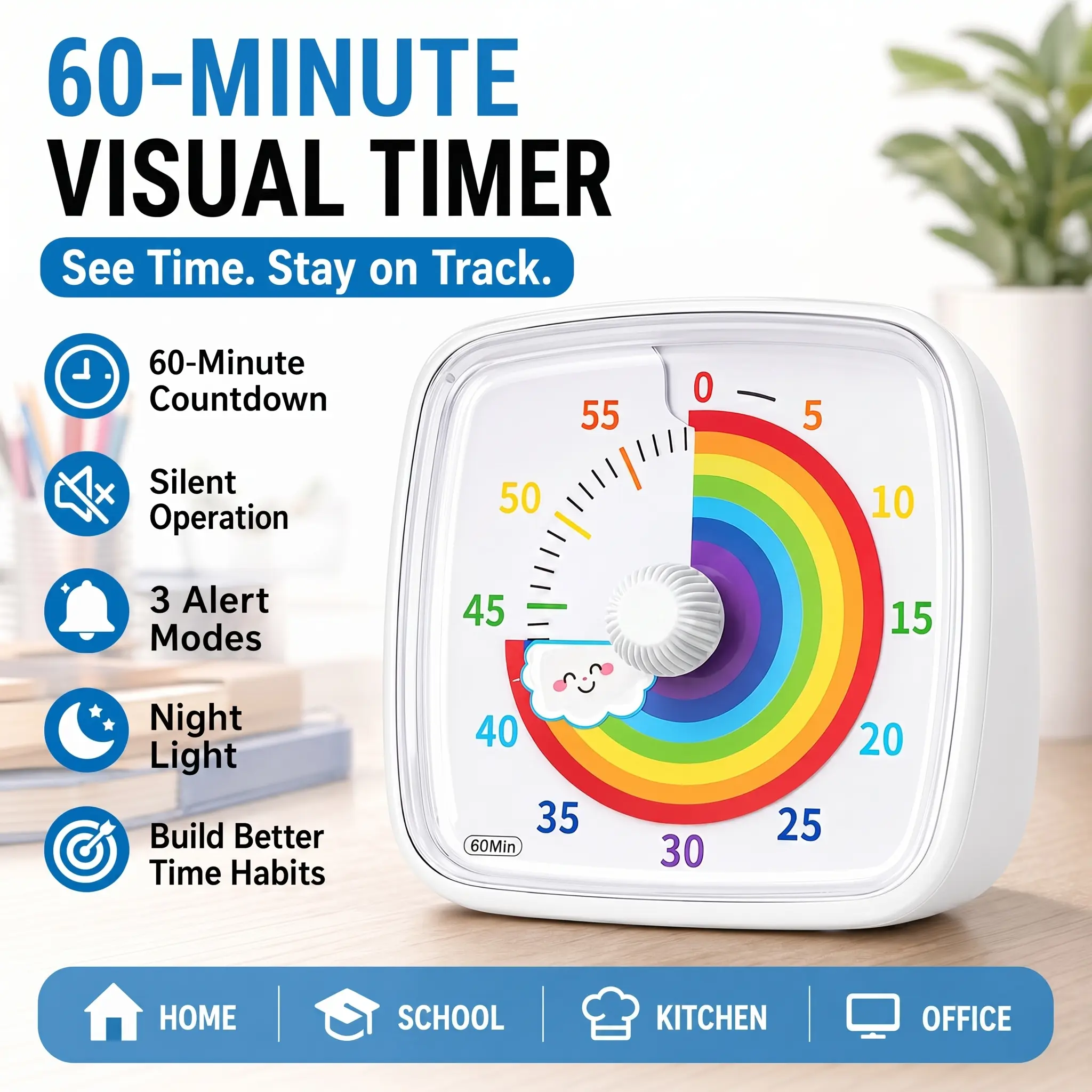 Visual Timer with Night Light, 60-Minute Rainbow Countdown Timer for Kids and Adults, Time Management Tool for Home, School, Kitchen, or Office (White)