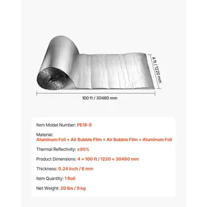 VEVOR Double Reflective Insulation Roll, Double-Sided Aluminum Foil Radiant Barrier, 6mm 48 inx 100 ft, Dual-Layer Air Bubble Heat Reflective Shield, Thermal Insulation Roll for Garage Door Window RV Roofs