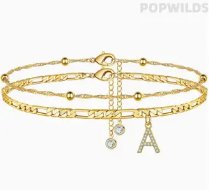 Double-Layer Anklet for Women with Zircon Initial Letter Charm, Minimalist Rice Bead and Metal Chain, Trendy Summer Beach Jewelry, S, P