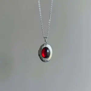 Vintage Gothic Ruby Crystal Romantic Victorian Style Oval Pendant Sweater Necklace Photo Box