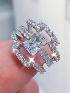 3 Pcs/Set Gorgeous Cubic Zirconia Ring Set For Women Bridal Ring Set For Wedding Engagement Anniversary Jewelry Valentine's Day Gift Artificial Zircon Rings