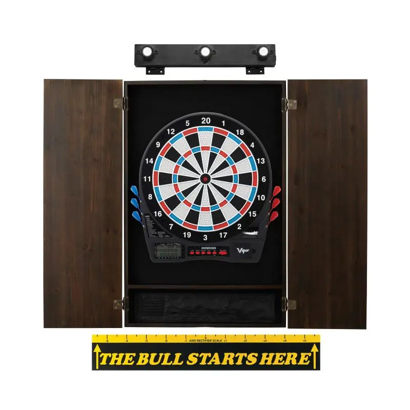 Metropolitan Espresso Pine Darts Board Cabinet Set, Electronic with 8-Player LCD Scoreboard, 32 Games, Light, and 6 Soft-Tip Darts, Rec Room, Classic