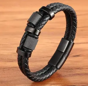 Men's Leather Braided Bracelet Titanium Steel Bangle Multilayer Braided Wristband Boho Style Magnetic Closure Valentine's Day Gift for him