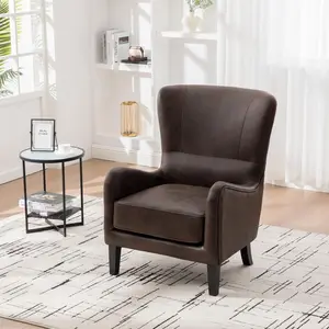 Saiveina 28" W PU High Back Retro Wingback Accent Chair, Upholstered Armchair with Solid Wood Legs for Living Room, Bedroom Reading Seat, Brown