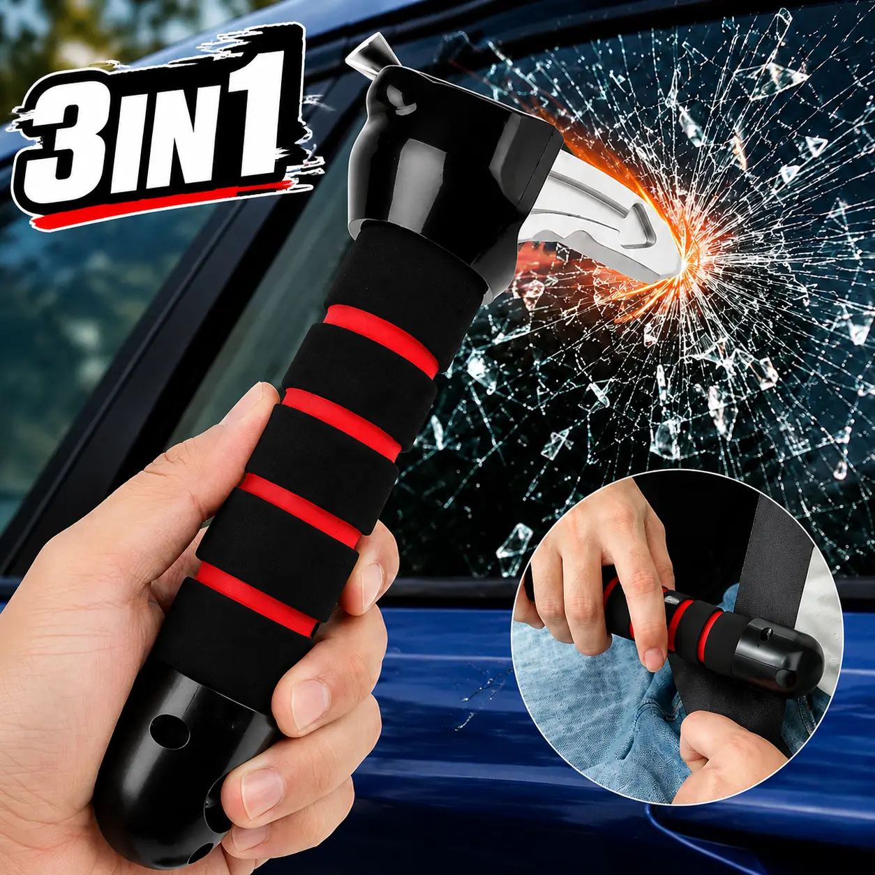 3-in-1 Metal Safety Hammer Car Door Handle Kit, Compact Lightweight Automotive Door Aid with Ergonomic Anti-Slip Grip, High-Strength Plastic Emergency Escape Tool for Elderly & Disabled People, Fits Car Latch for Roadside Emergencies