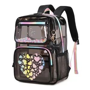 Summer-Ready Look Glitter Heart Backpack & Unicorn Keychain - Fun Storage Solution for School Travel & Everyday Fun Design with Adjustable Shoulder Strap & Clear PVC Material