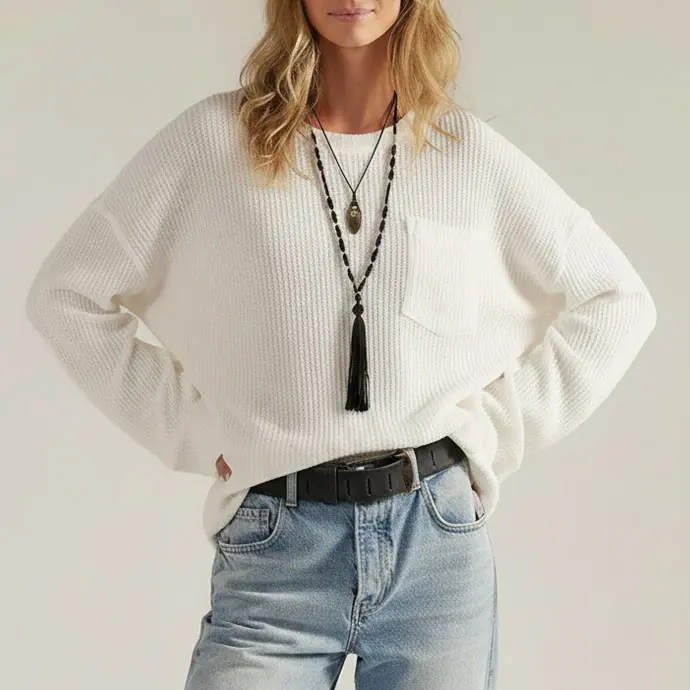 Chouyatou Lady's Loose Waffle Knit Crew Neck Long-Sleeve Casual Top - Stylish Fit for Pairing with Jeans, Leggings, Long Sleeves, Everyday, Tops