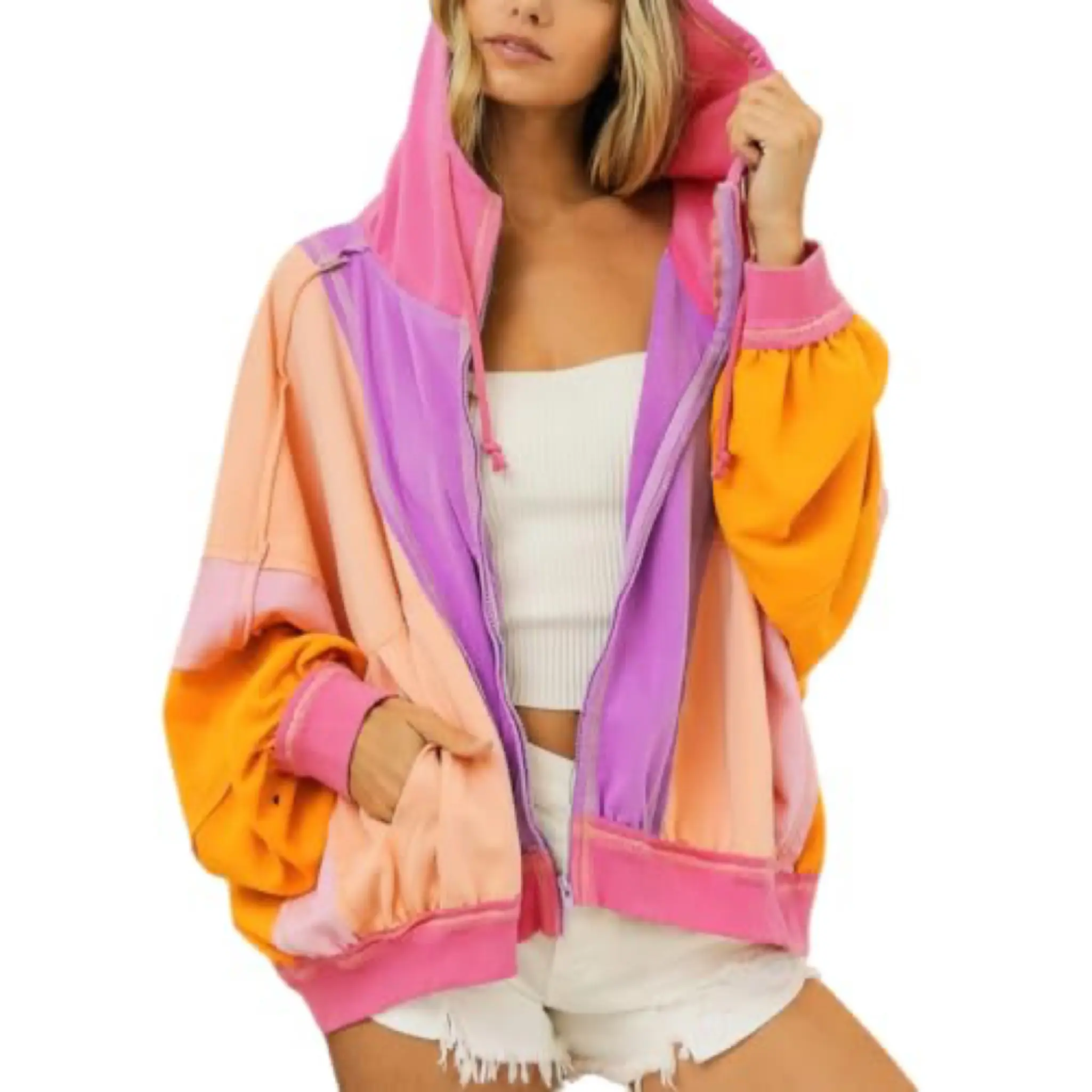utcoco Women's 2026 Fall Zipper Long Sleeve Color Block Soft Baggy Hoodie Coat, Casual Loose Patchwork Oversized Fabric Outerwear with Colorful Rainbow Accents, Stylish Clothes for Women Pairing with Skirts