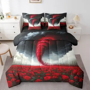 Feelyou 7-Piece Red Tornado Flower Printed Microfiber Bedding Set - Romantic Rose Soft Breathable Quilt, Sugar Skull Fitted Sheet Bedding-in-a-Bag for Kids, Flower Printed Bedding