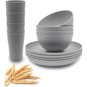 Wheat Straw Dinnerware Sets, 12- Lightweight Plastic Dinnerware Set with 8.9 Inch Unbreakable Plates, Bowl Set and Cup Set, , Dishwasher & Microwave Safe, Service for 4 - Grey