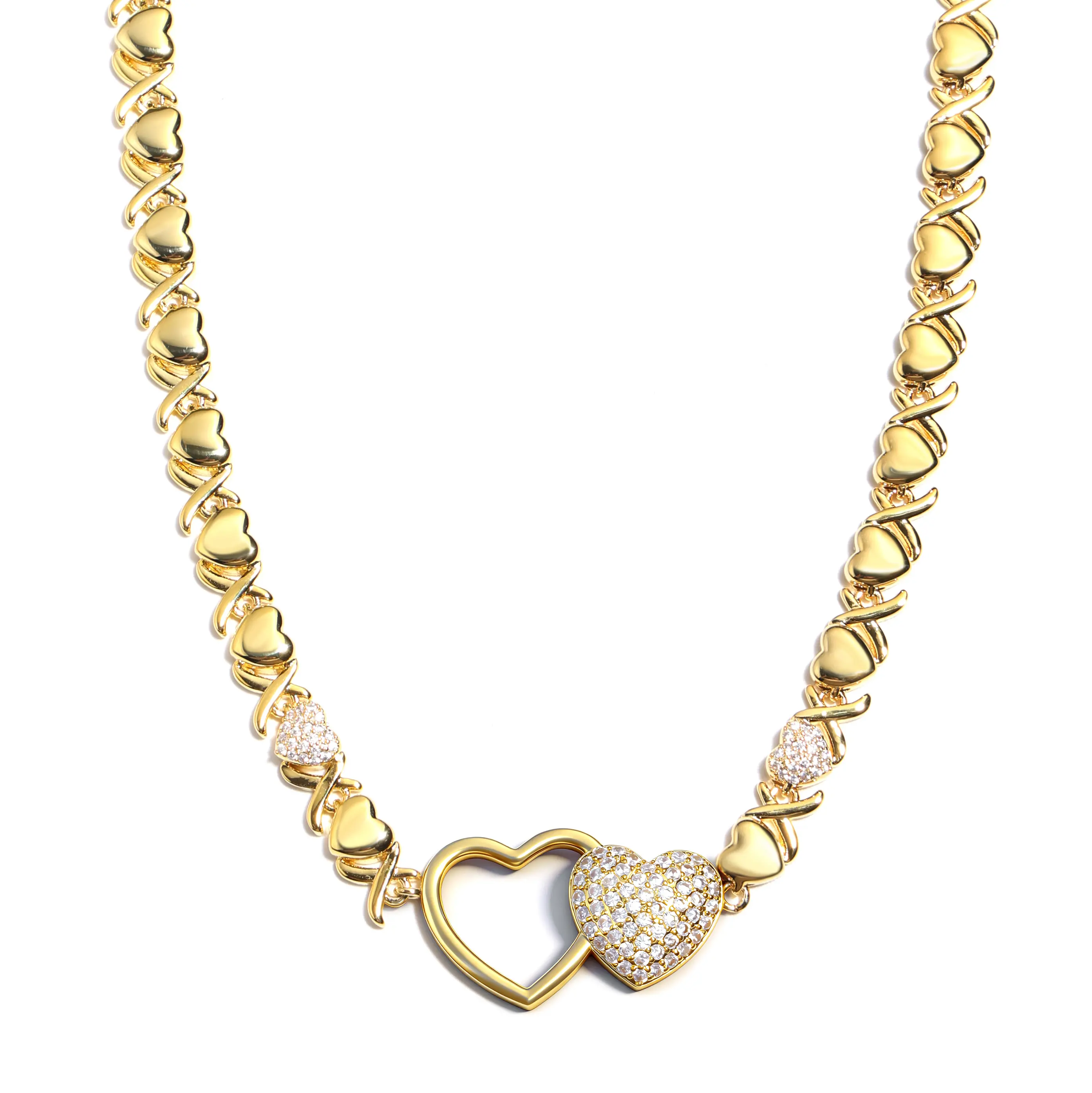 Women's Entwined Hearts XO Chain Necklace - Hollow, Zircon Pave Design, Geometric Love Heart Motif Jewelry, Romance Gift (Only Necklace)