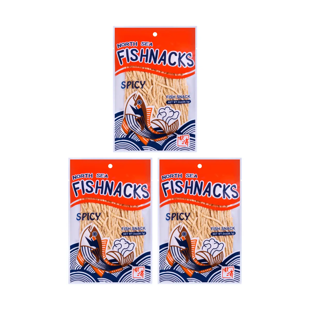 NORTH SEA Spicy Cod Fish Jerky Snacks - 3 Pack (56.7g Each) - Savory & Chewy Seafood Treat