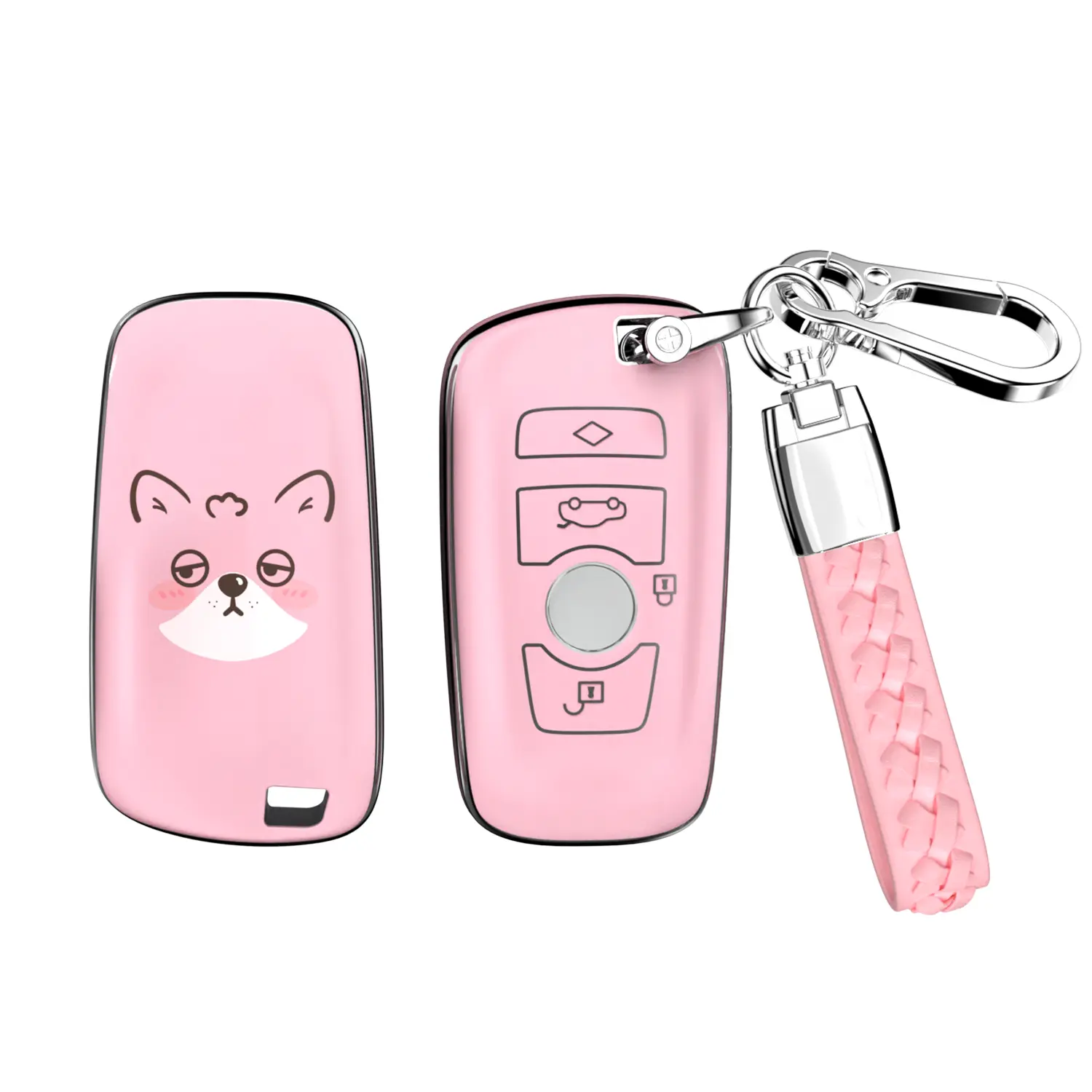 ACEBOY Car Soft TPU Key Protector Case for BMW Key Fob with Button Access, Leather Keychain Compatible with BMW 1 3 4 5 6 7 X1 X3 X4 X5 X6 M3 M5 M6 GT3 GT5 Series (Pink, 4 Buttons)