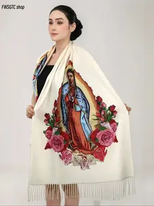 Elegant floral printed polyester scarf decorated with tassel fringe. Windproof and warm to wear, stylish and versatile. Ideal daily shawl wrap for women, great for party outfits and nice holiday gifts.