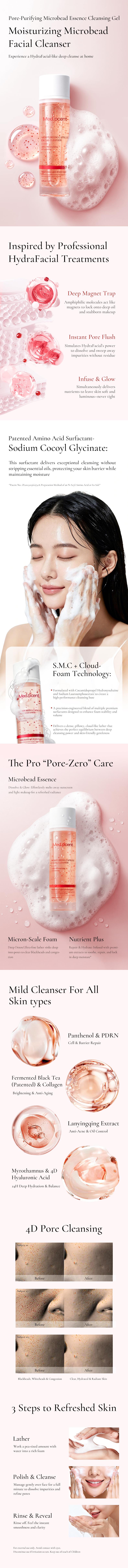 Med.pcent Micro Bead Gel Cleanser | Amino Acid Foaming Cleanser with PDRN Micro Pearls | HydraFacial-Inspired Deep Pore Cleanse, Hydrating & Glow Boosting | 120ml / 4.05 fl oz