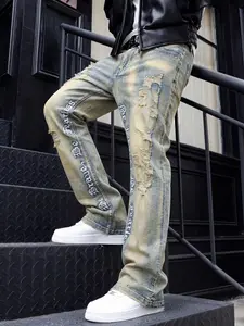 Fashionable Versatile American High Street Streetwear Hip-Hop Vintage Menswear Denim Jeans, Washed Fabric, Perfect for Everyday Wear