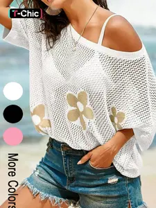 Summer Lightweight Women's Fashion Floral Big Round Neck Short Sleeve Breathable Knit Pullover, Casual Loose-Fitting Colorblock Sweater Tops, Knitwear Womenswear