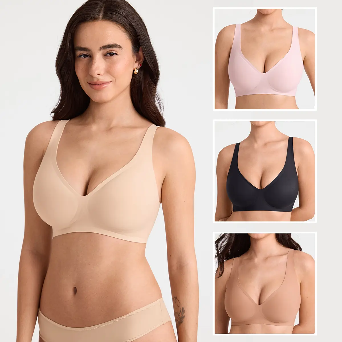 SOLBRACE Women's Plunge V Neck Seamless Jelly Wireless Bra, Full Coverage Everyday Push Up Bralette with Built-in Jelly Lift Strips, Anti-Slip Wide Shoulder Straps, U-Back Smoothing Side Support, Semi-Fixed Pads, Includes Bra Extender