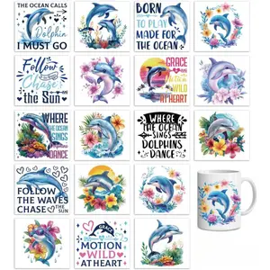 18 Sheets Rub On Transfers for Crafts, Dolphin 3.6"x3.9" UV DTF Technology Cup Wrap Waterproof Cold Transfers Stickers, Multiple Designs for Wood Glass Cup Tumblers Mirrors Mugs Home Decor