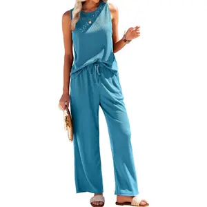 Ekouaer Womens  2 Piece Lounge Set Waffle Knit Loungewear Sleeveless Tank Top with Long Pants Outfits S-XXL