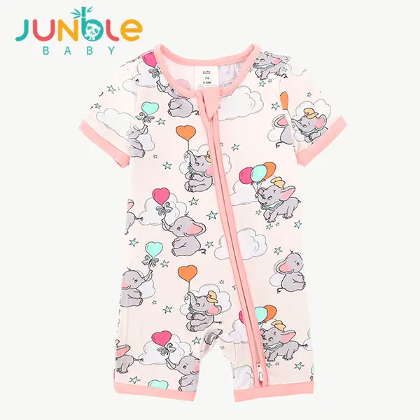 JUNBLEBABY Unisex Bamboo Blend Short Sleeve Graphic Bodysuit - Double Zipper Onesies, Elephant Stars Prints, Soft Breathable Playwear for Newborns & Baby Boys