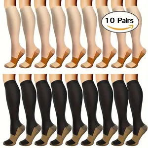 10 Pairs Copper Compression Socks for Women & Men - Elastic Knee-High Circulation Support Socks with Arch Rejuvenation, Breathable Moisture-Wicking for Running, Cycling, Hiking, Daily Use - S/M/L/XL/XXL (Black or Light Beige), Athletic Footwear |   Versat